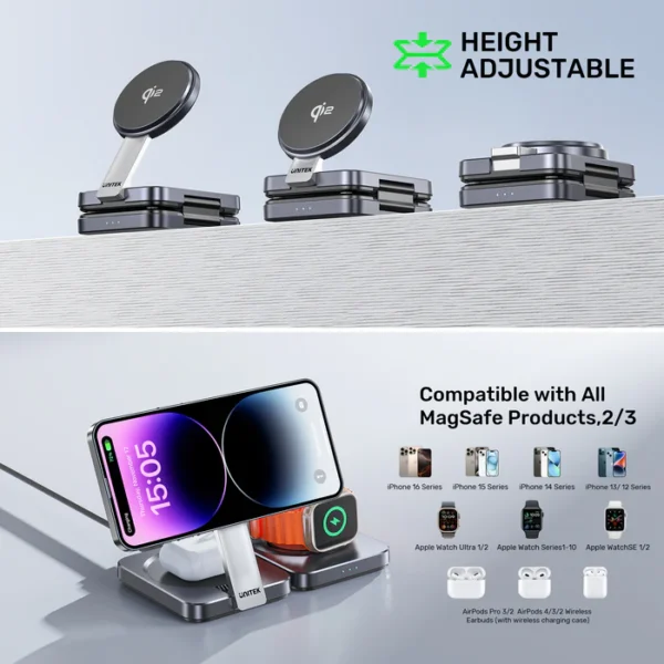 UNITEK P1300AGY01 Qi2 Foldable 3-in-1 Charging Station - Image 4