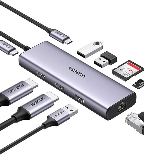 UGREEN 90119 USB-C 9-IN-1 3XUSB, 2XHDMI + RJ45, SD.TF + PD ADAPTER