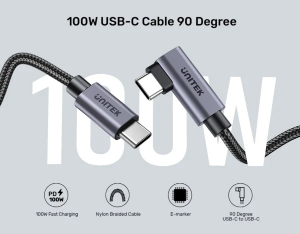 UNITEK C14123BK-0.5M 90 DEGREE USB-C TO C 100W FAST CHARGING CABLE 50CM - Image 4