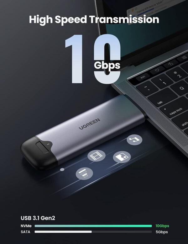 UGREEN 70532 M.2 NVMe SSD Enclosure – Aluminum, 10Gbps USB-C/USB-A, Tool-Free Design - Image 6