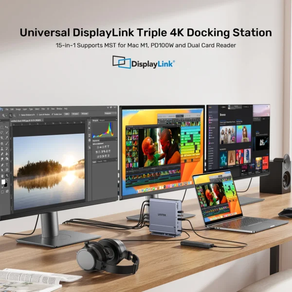 UNITEK D1135AGY01 UNIVERSAL DISPLAYLINK TRIPLE DISPLAY 4K@60HZ 15-IN-1 DOCKING STATION 360° - Image 4
