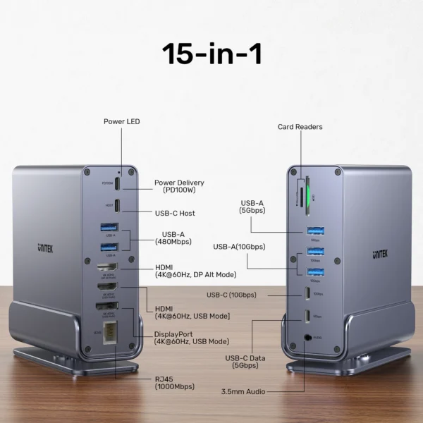 UNITEK D1135AGY01 UNIVERSAL DISPLAYLINK TRIPLE DISPLAY 4K@60HZ 15-IN-1 DOCKING STATION 360° - Image 5