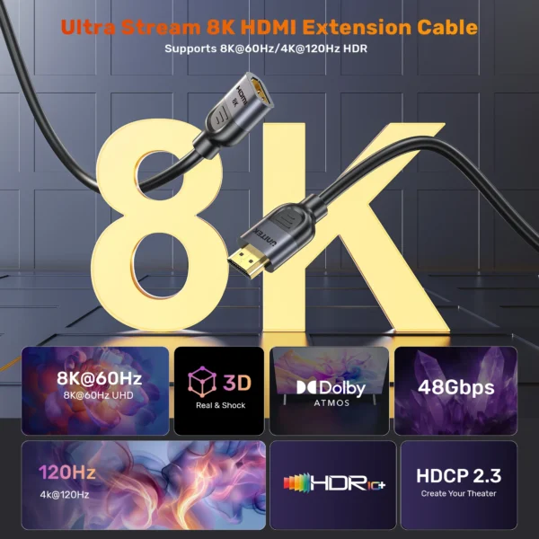 UNITEK C11091AGY01-(1M 2M and 3M) ULTRA STREAM 8K@60HZ HDMI EXTENSION CABLE 1M 48GBPS - Image 2