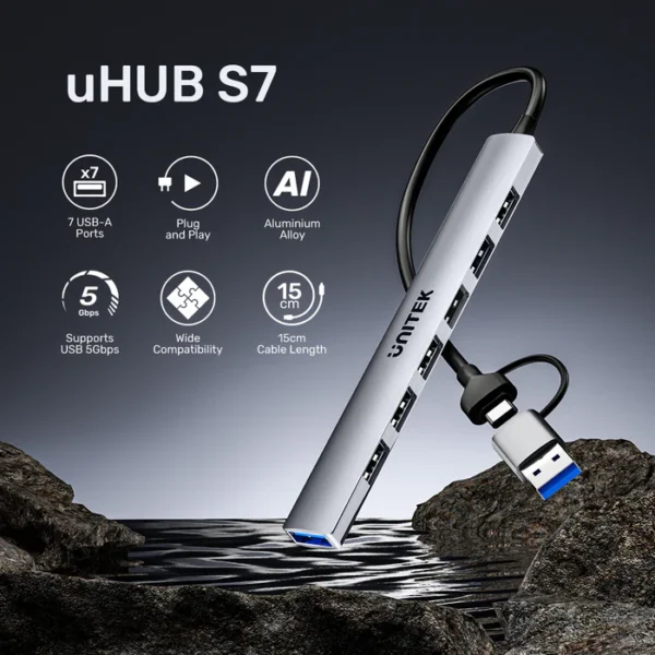 UNITEK H1209AGY01 uHUB S7 USB-C + USB-A TO 7-PORT USB HUB 5GBPS ALUMINIUM - Image 4
