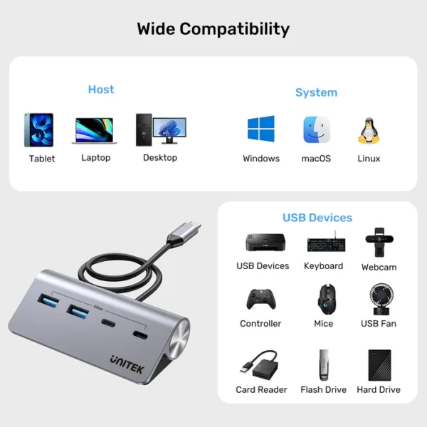 UNITEK H1337AGY01 uHUB Q4 4-IN-1 USB-C HUB 2XUSB-A, 2XUSB-C - Image 7