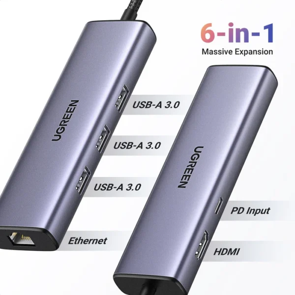 UGREEN 15598 Revodok 6 in 1 USB C Hub Gigabit Ethernet Adapter with 4K HDMI - Image 5