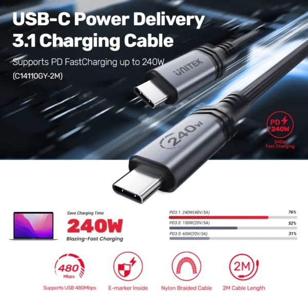 UNITEK C14110GY-2M USB-C TO USB-C PD 3.1 FAST CHARGING CABLE 2M 240W BRAIDED - Image 2