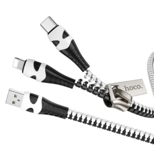 HOCO U97 2-in-1 Zipper Charging Cable – Lightning + Type-C (Black/White)